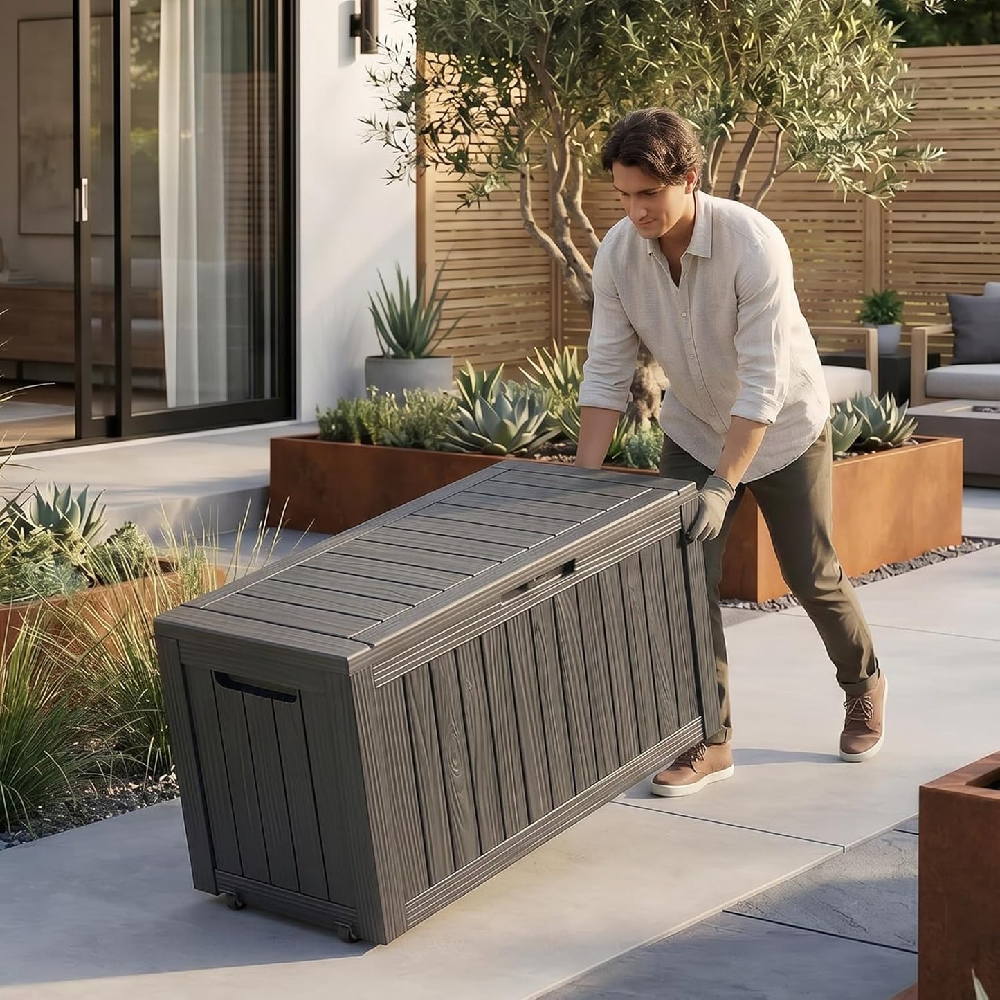 EasyUp 33 Gallon Resin Deck Box Waterproof, UV Resistant Outdoor Storage Box for Delivery, Porch, Patio and Garden, Stripe Black