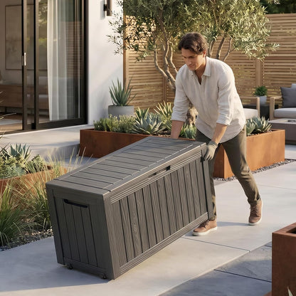 EasyUp 33 Gallon Resin Deck Box Waterproof, UV Resistant Outdoor Storage Box for Delivery, Porch, Patio and Garden, Stripe Black