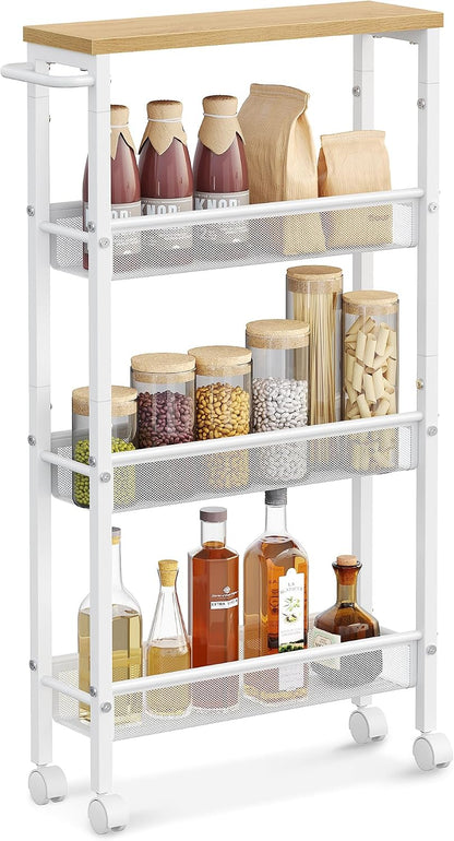 VASAGLE Slim Rolling Cart, 4-Tier Narrow Storage Cart with Handle, 5.1 Inches Deep, Metal Frame, for Kitchen, Dining Room, Living Room, Home Office, Rustic Brown and Classic Black ULRC032B01V1