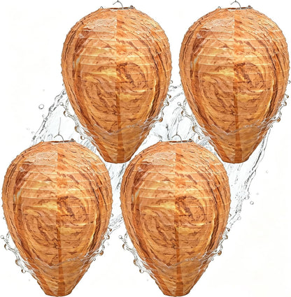 Fake Wasp Nest 4 Pack, Upgraded Waterproof Wasp Nest Decoy for Outdoor Hanging with Stainless Steel Frame, Realistic Artificial Hornet Nests for Patio, Porch, Eaves, Garden, House, Yellow