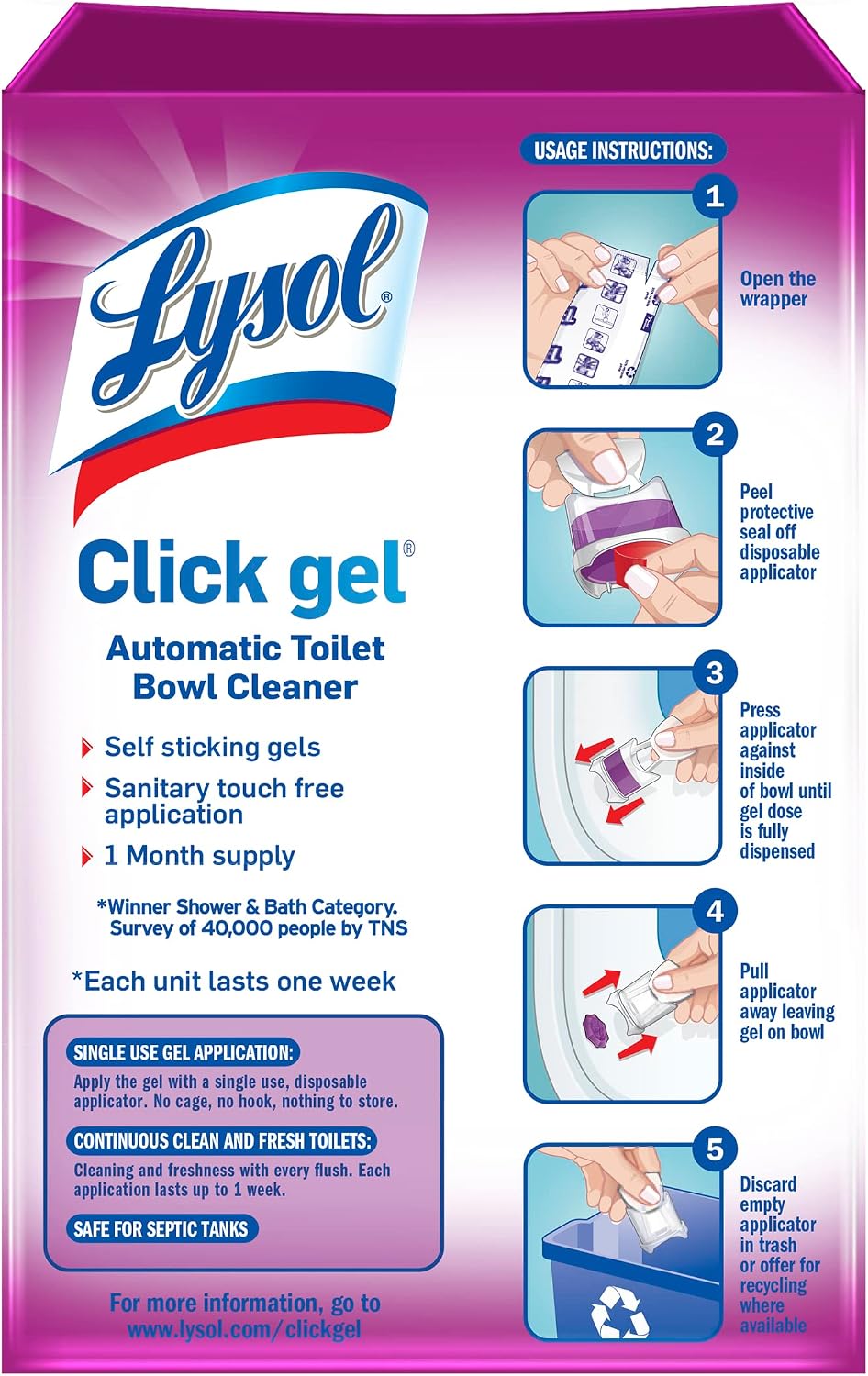 Lysol Click Gel Automatic Toilet Bowl Cleaner, Toilet Gel Stamp, Toilet Freshener, Bathroom Essentials, Refreshing Mango & Hibiscus Scent, 6 Count (Pack of 1)