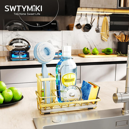 SWTYMIKI Sink Caddy Sponge Holder - Kitchen Sink Organizer with High Brush Holder for Countertop to Hold Dish Soaps and Sponges, Stainless Steel, Black