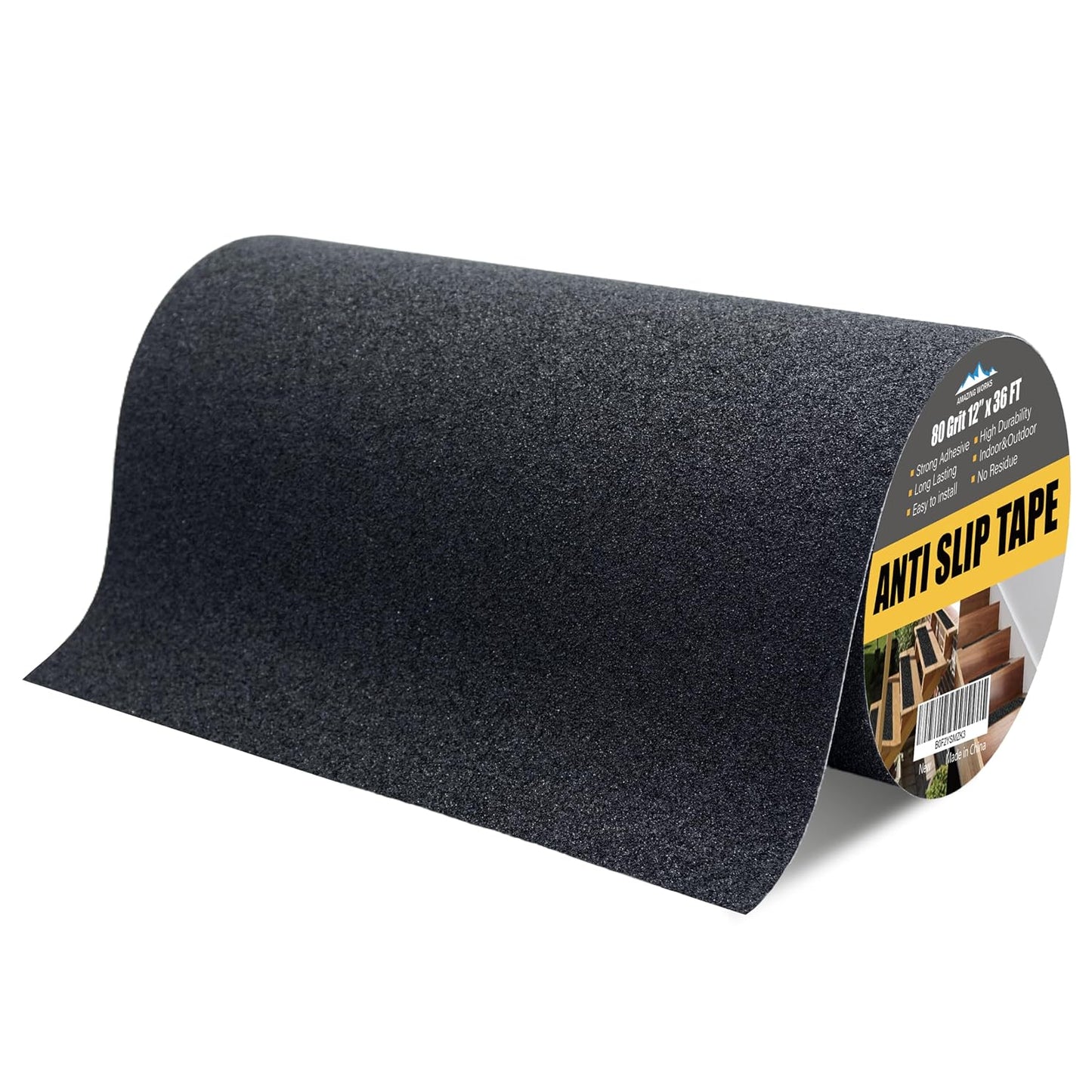 Grip Tape - Heavy Duty Anti Slip Tape 80 Grit Non Slip for Stairs Outdoor/Indoor, Waterproof High Traction Stairs Non Skid Treads, Durable Triple Layer Adhesive - Black (1 Inch x 20 Feet)