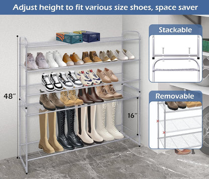 KEETDY 3-Tier Long Shoe Rack for Closet Metal Shoe Organizer for Entryway, Wide Stackable Shoe Storage Shelf with Sturdy Wire Grid for Closet Floor, Bedroom, Black