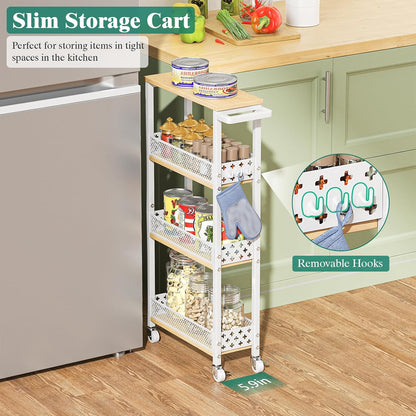Giwil 4-Tier Slim Rolling Storage Cart for Kitchen Bathroom Organizer, Mobile Narrow Storage Cabinet Utility Cart with Wood Rack on Wheels for Pantry Laundry Small Space