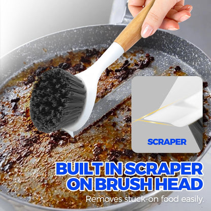 Holikme 3 Pack Dish Brush Set with Bamboo Handle, Kitchen Brushes for Cleaning Pot, Sink and Stove, Skillet Scrubber with Tough Bristles for Cast Iron Grill Pan, White Yellow Black