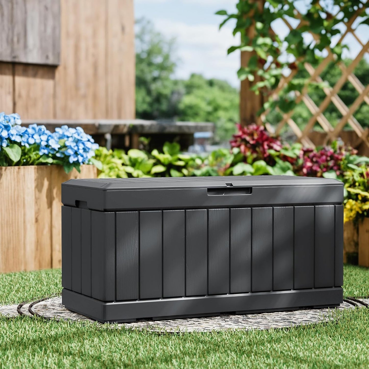 Greesum 110 Gallon Outdoor Storage Box with Lockable Lid, All-Weather for Patio Furniture, Pool Supplies & Garden Tools, Waterproof, UV-Resistant Large Deck Box, Dark Black