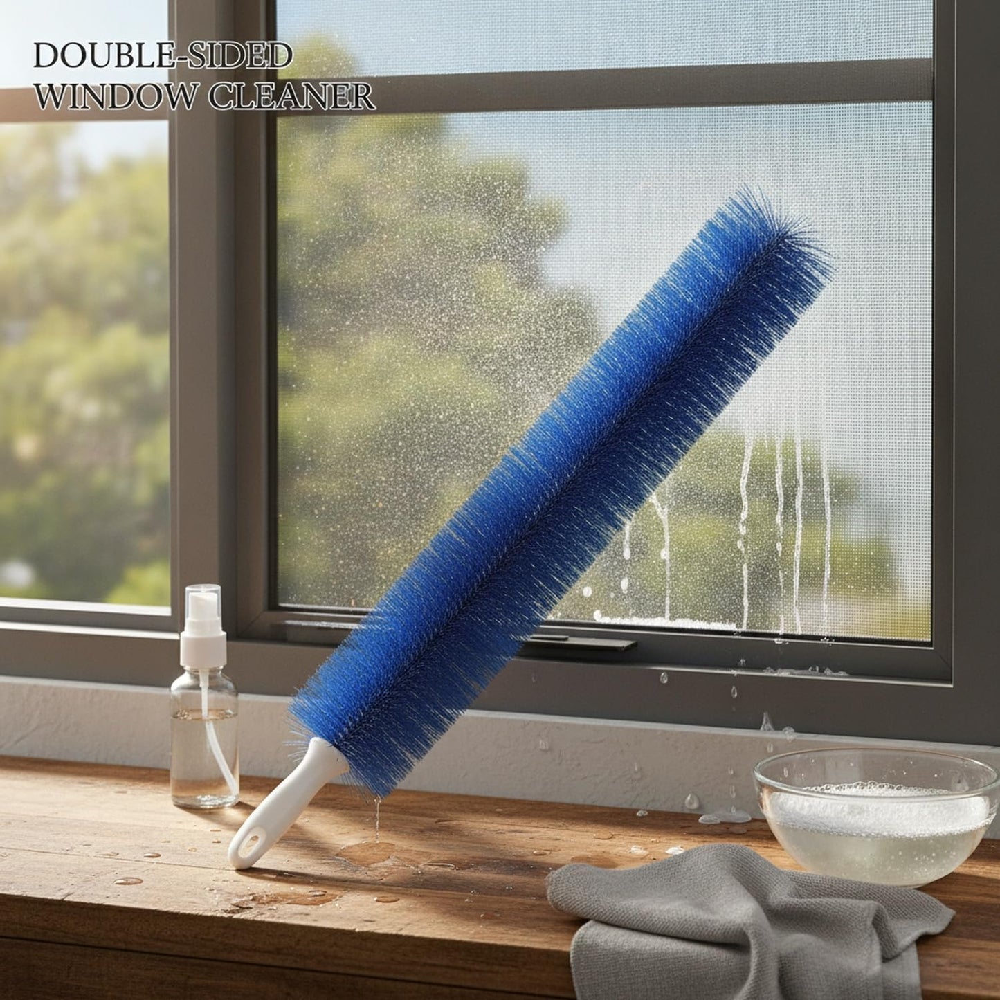Double-Sided Window Screen Cleaner with Squeegee, Reaches Both Sides from Inside, Flexible Bristles for Mesh & Glass (1 Pack)