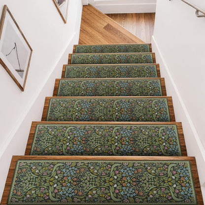 OJIA Floral Stair Treads Non-Slip Stair Runner for Wooden Steps Indoor 15PCS 30"x8" Carpet Stair Treads Stair Mats Staircase Step Treads for Kids, Elders and Dogs, Stair Covers, Black