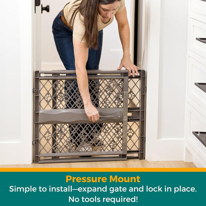 MYPET Paws Portable Pet Gate: 26-40" Wide Expandable, Pressure Mounted No Tools Needed, Durable Dog Gate for Doorways, Made in USA, 23" Tall, Fieldstone Gray