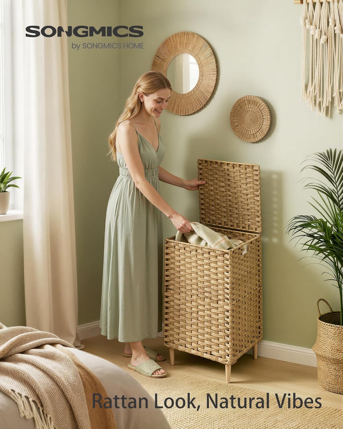 SONGMICS 3-Section Laundry Hamper with Lid, 42.2 Gal (160L) PE Rattan Laundry Basket with Removable Washable Liners, for Bedroom & Living Room, Chestnut Brown ULCB223ME01
