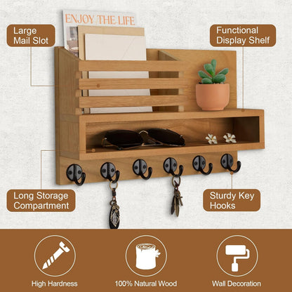 Key and Mail Holder Wall Mount, Key Hanger with Long Storage Box and 5 Hooks for Coat, Dog Leash, Home Decor Rack, House Accessories, Entry Way Organizer 11.8”W x 7.8”H x 3.2”D