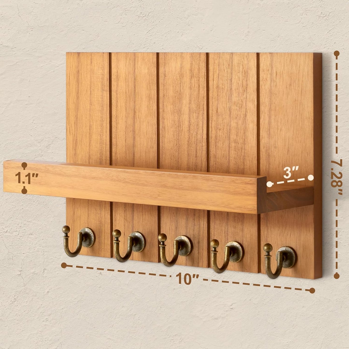 Rebee Vision Decorative Key Holder Wall Mount - Rustic Key Holder for Wall with Shelf and Mail Organizer for Living Room Decor - Home Essentials for Home Improvement (Brown, 3.54" x 10" x 7.28")