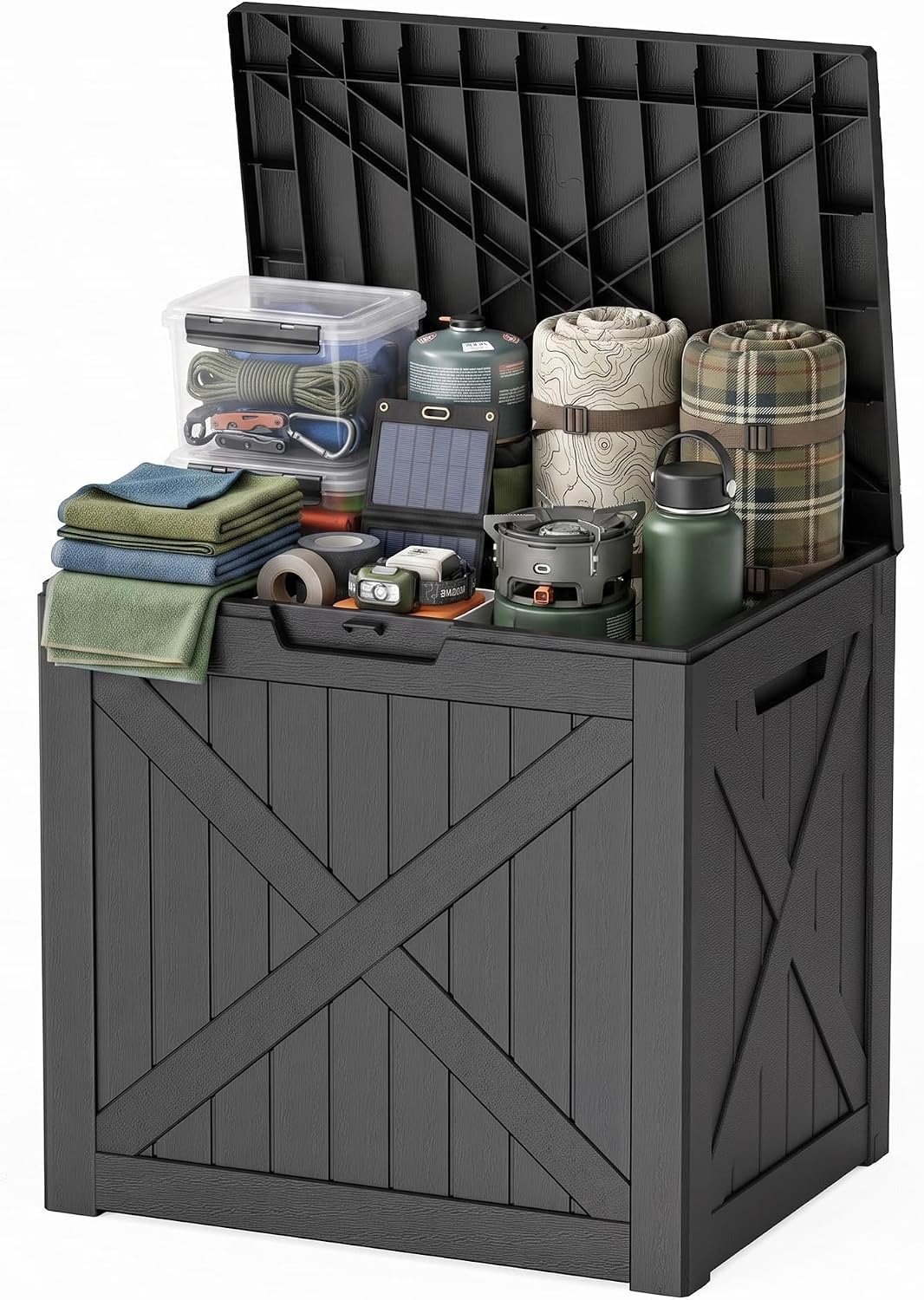 EasyUp 33 Gallon Resin Deck Box Waterproof, UV Resistant Outdoor Storage Box for Delivery, Porch, Patio and Garden, Stripe Black