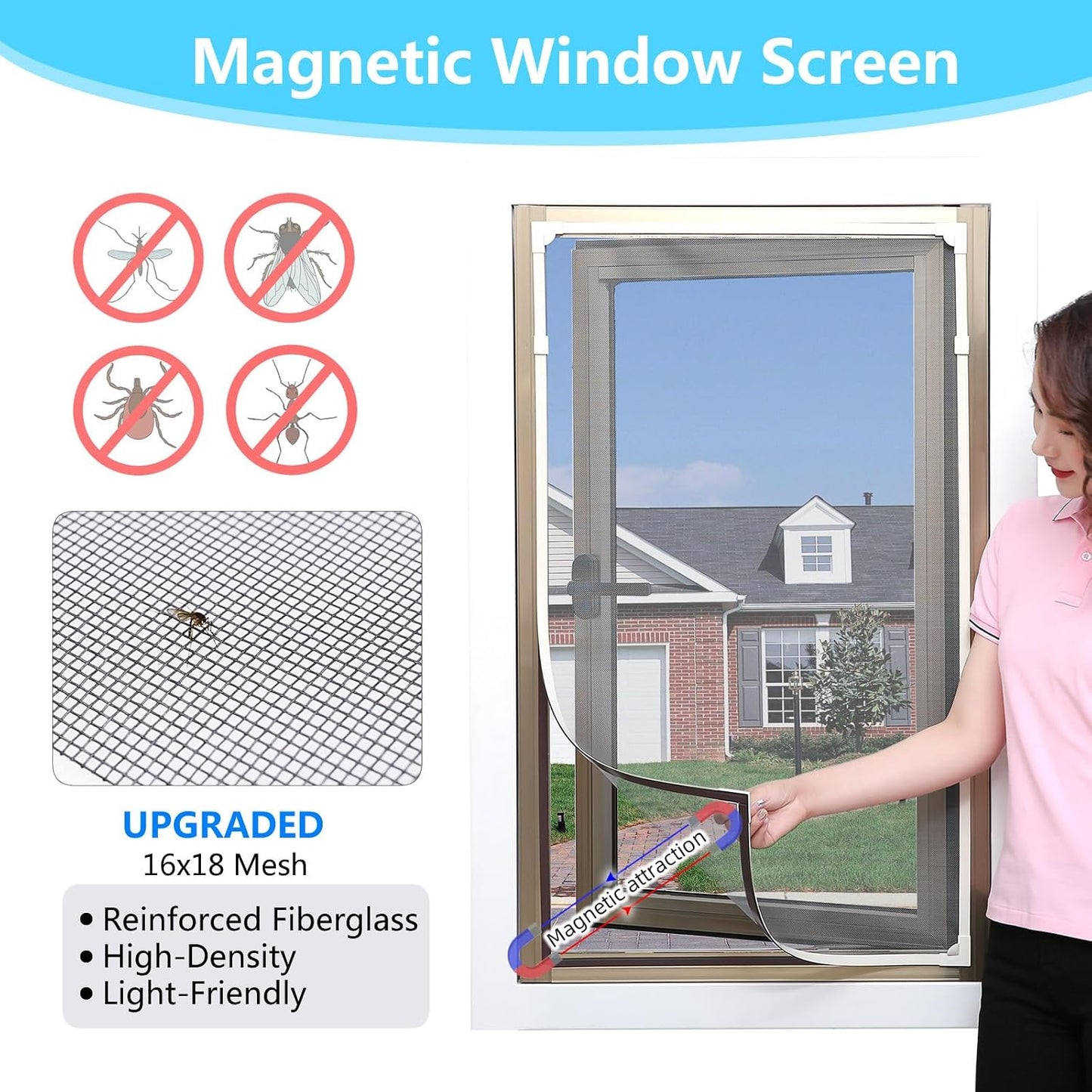 Magnetic Window Screen DIY Adjustable Window Mesh Screen Replacement Window Net Fits up to 32"x 23" White Frames with Fiberglass Mesh