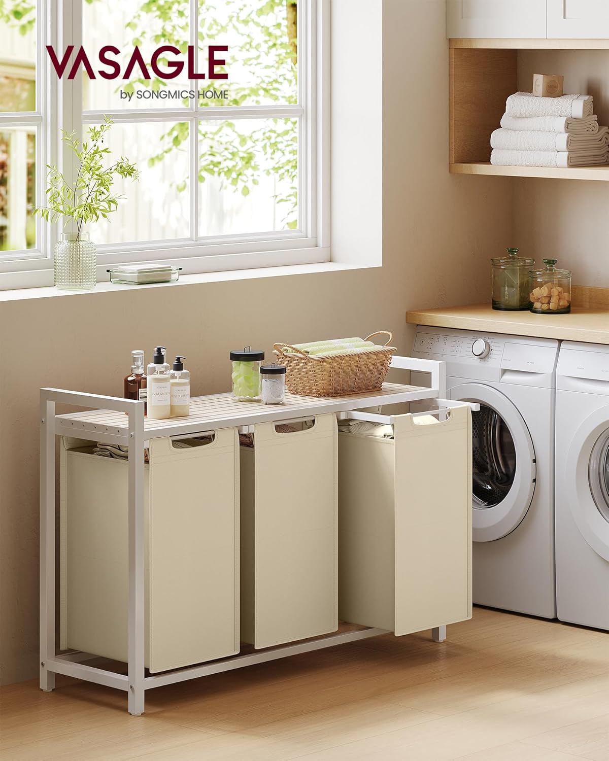 VASAGLE Laundry Hamper, Laundry Basket Sorter with 3 Pull-Out and Removable Bags, Shelf, Metal Frame, 3 x 10.6 Gallons (40 L), 36.4 x 13 x 28.4 Inches, Cappuccino Beige and Natural Beige UBLH301LH01