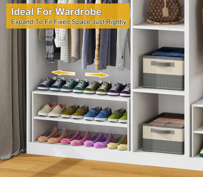 White Shoe Rack Organizer for Closet, 2-Tier Expandable Shoe Shelf, Stackable Iron Wood Combination Small Shoe Racks Shelves for Closets, Entryway,Small Space,Hallway,Bedroom,Bathroom,6-12 Pairs