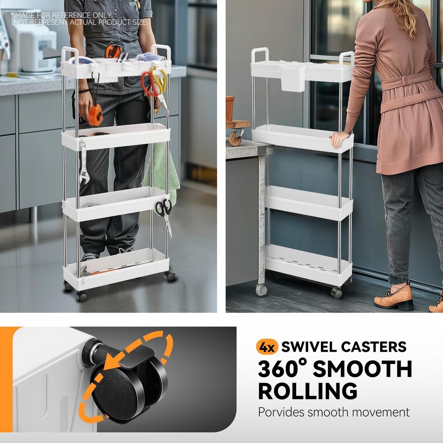 Auto Dynasty 3 Tier Slim Rolling Cart with Handle, Multifunction Utility Storage Rolling Cart, Movable Storage Organizer with Wheels for Office, Bathroom, Kitchen, Narrow Places (White)