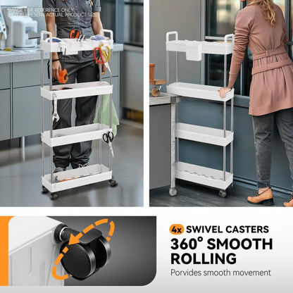 Auto Dynasty 3 Tier Slim Rolling Cart with Handle, Multifunction Utility Storage Rolling Cart, Movable Storage Organizer with Wheels for Office, Bathroom, Kitchen, Narrow Places (White)