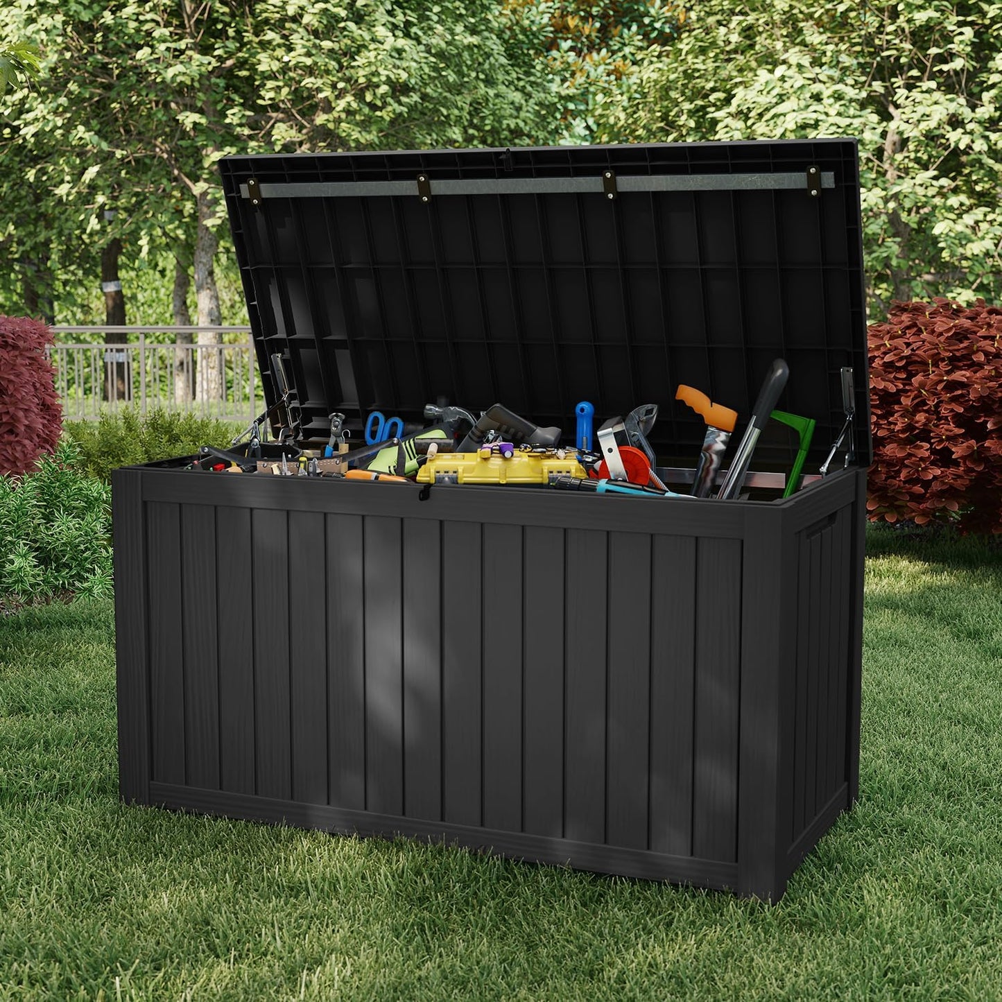 ROJIK 55Gal Outdoor Storage Box Waterproof Deck Box | Heavy-duty UV-resistant resin, space-saving for balcony/patio, stores cushions/tools/pool gear, lockable lid as table/bench