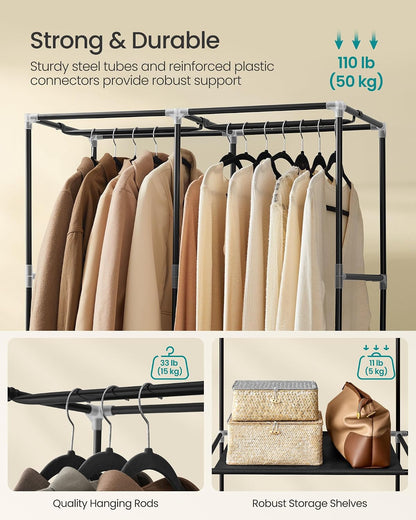 SONGMICS Portable Closet, Wardrobe Closet Organizer with Cover, 3 Hanging Rods and Shelves, 4 Side Pockets, 51.2 x 17.7 x 65.7 Inches, Large Capacity for Bedroom, Living Room, Ink Black URYG092B02