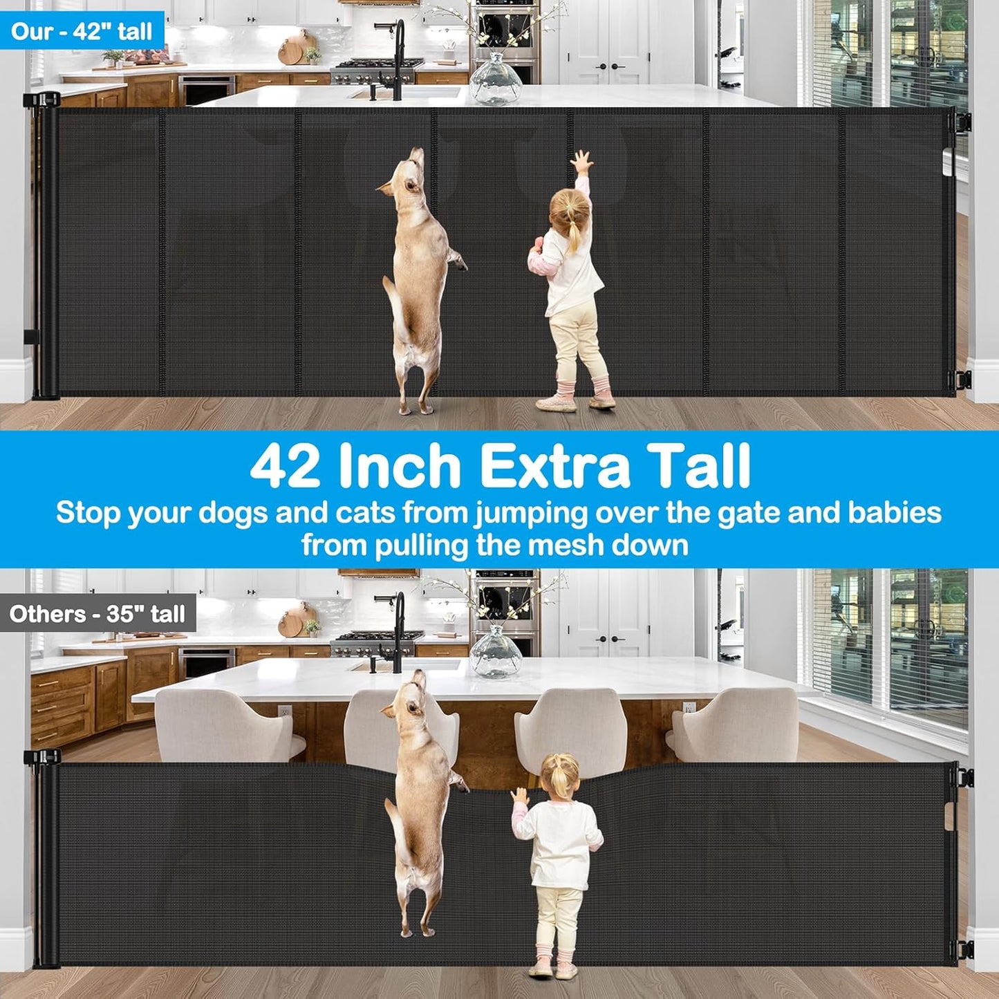 42 Inch Extra Tall Retractable Baby Gates with Reinforced Strips 55 Inch Wide Outdoor Retractable Dog Gate No Sag Extra Tall Baby Gate for Doorway Anti-Scratch Mesh Gates for Kids or Pets, White
