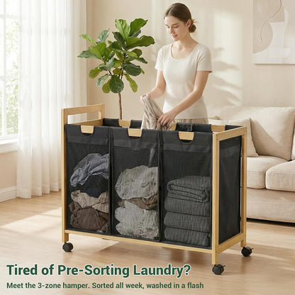 Homykic 250L Laundry Sorter Cart with Wheels, 3-Section Rolling Laundry Basket with Removable Bags, 66 Gal Large Laundry Hamper Organizer, Heavy Duty Bamboo Frame, Water-Resistant, Black
