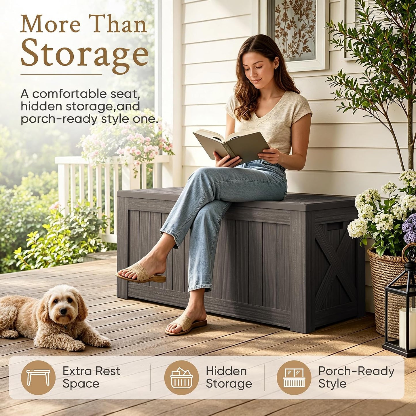 Devoko 120 Gallon Deck Box Resin Outdoor Storage Box Waterproof for Patio, Large Outdoor Storage Bench Lockable for Outside (Black)