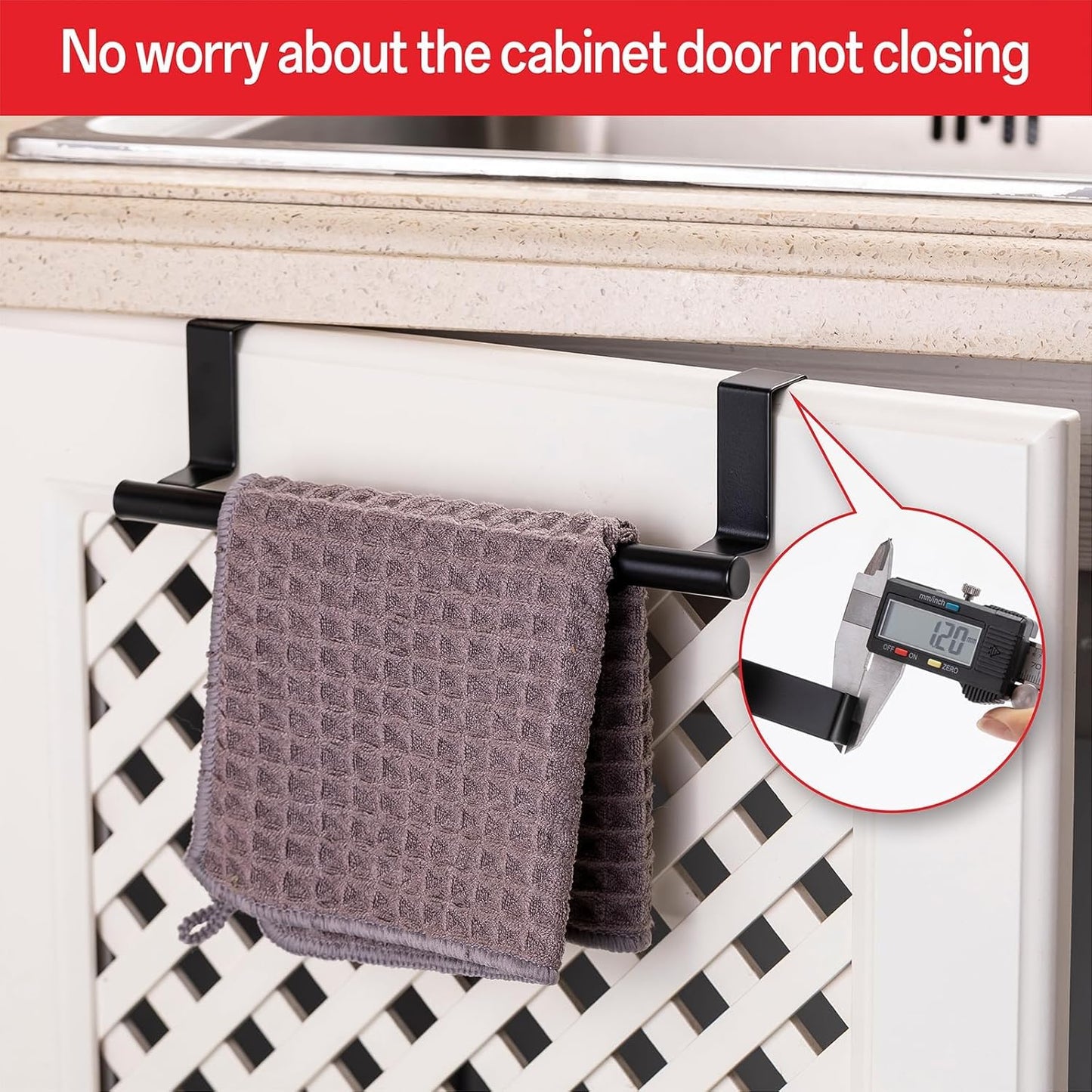 Cabinet Door Towel Bar, Kitchen Towel Holder, Matte Black 2 Pack | Extended Anti-Slip Arm, EVA Scratch Guard Pads, No-Drill Install, Stainless Steel Dish Towel Holder, Kitchen Towel Rack