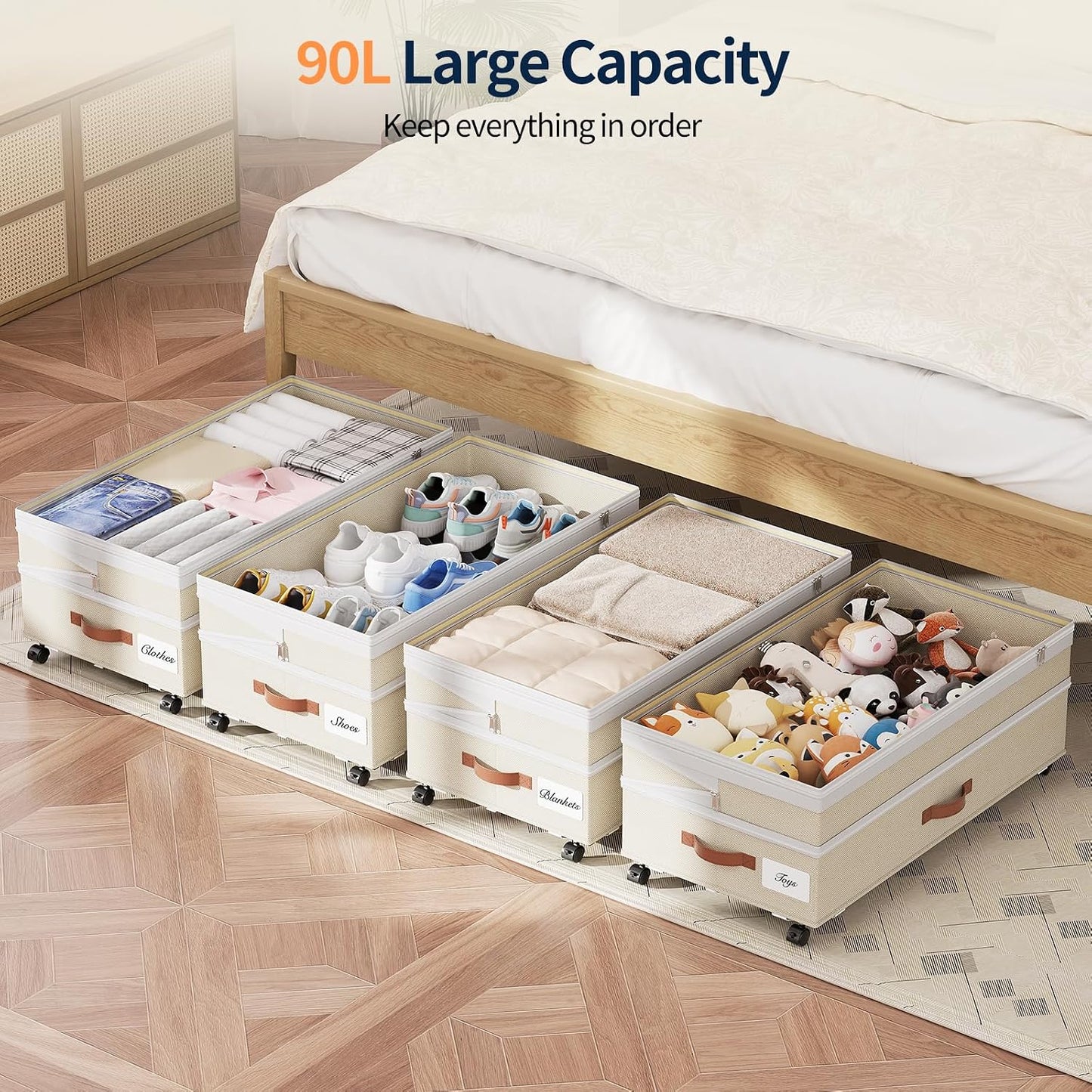 Yecaye 90L Under Bed Storage with Wheels, 8 in-11 in Height Adjustable Under Bed Storage Containers, Under Bed Shoe Storage with Lids & Label, Rolling Underbed Storage bins for Clothes, Toys, Grey