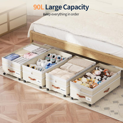 Yecaye 90L Under Bed Storage with Wheels, 8 in-11 in Height Adjustable Under Bed Storage Containers, Under Bed Shoe Storage with Lids & Label, Rolling Underbed Storage bins for Clothes, Toys, Grey
