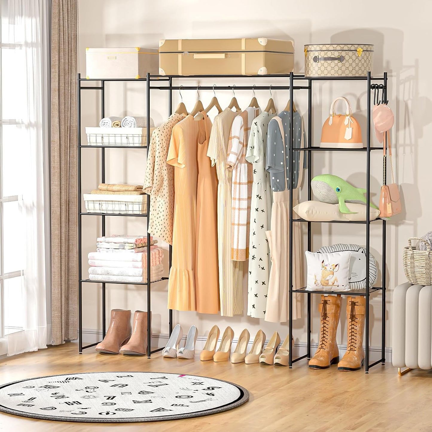 Neprock Wardrobe Closet, Portable Clothing Rack for Hanging Clothes, Free Standing Closet Organizers and Storage System with 4 Tiers Shelves for Cloakroom Bedroom,Black