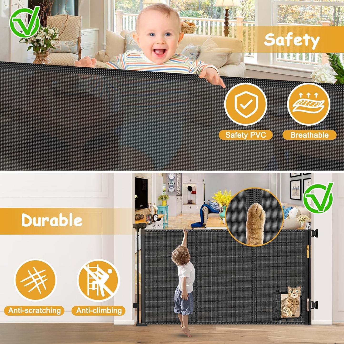 Reinforced 60” Wide Retractable Pet Gate with Cat Door Mesh Baby Gate for Stairs with Reinforced Strips Retractable Dog Gates with Cat Door Mesh Dog Gates for Doorways Separating Dogs from Cats, White