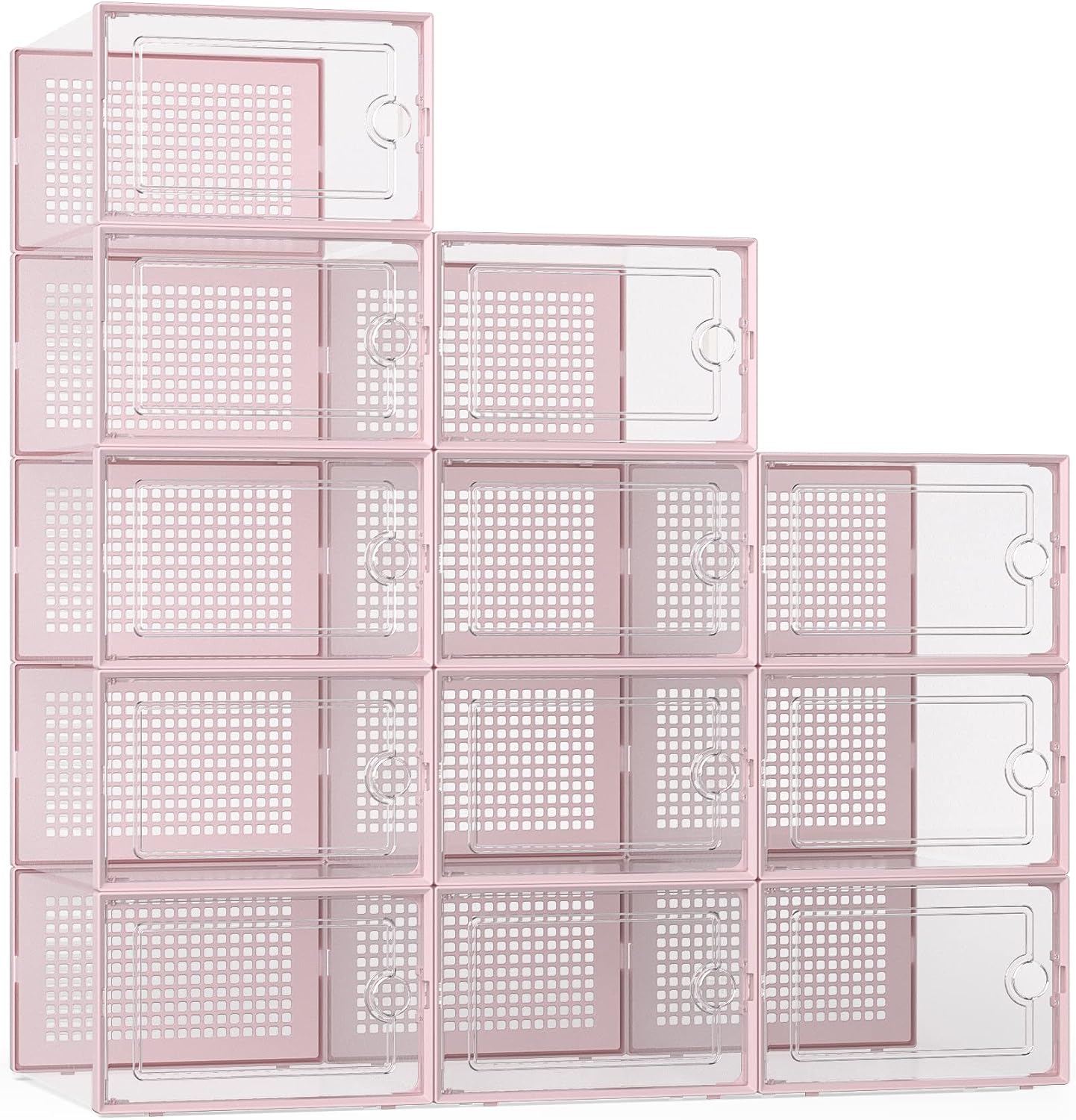 Kuject X-Large Shoe Storage Boxes Organizers for Closet 12 Pack, Fit Size 11,Clear Plastic Stackable Sneaker Containers for Entryway, Space Saving Shoe Rack, Brown