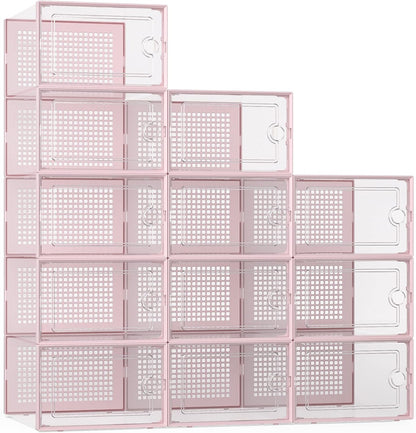 Kuject X-Large Shoe Storage Boxes Organizers for Closet 12 Pack, Fit Size 11,Clear Plastic Stackable Sneaker Containers for Entryway, Space Saving Shoe Rack, Brown