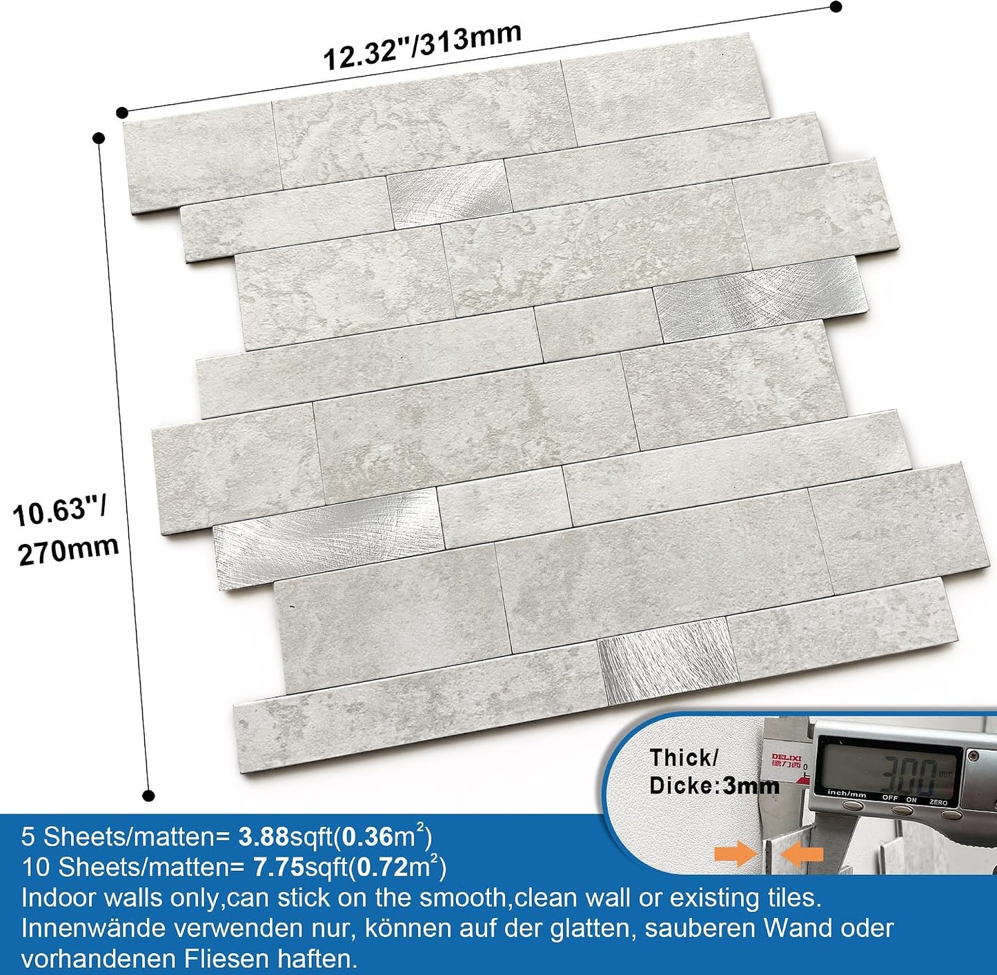 MOFIT Backsplash Tile for Kitchen Peel and Stick Stone Matte Finish,Bathroom Tiles Stickers 3D Wall Panel Linear Mosaic Marble Backsplash Waterproof(10sheets,Blue Green Gray)