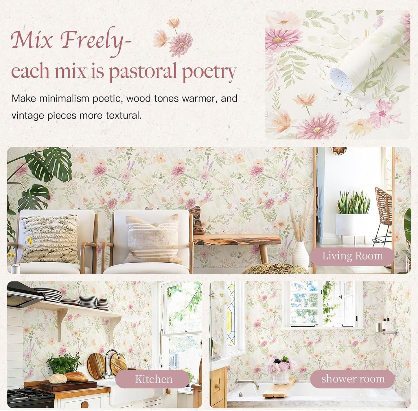 Dimoon 17.3''x78.7'' Peel and Stick Wallpaper Floral Cute Contact Paper Vintage Village Country Cottage Wallpaper Farmhouse Yellow Beige Renter Friendly Geometry Waterproof Embossed Kitchen Bedroom