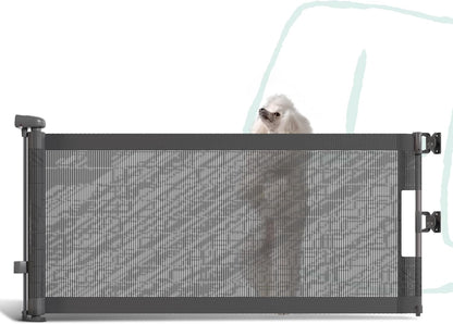 15.7" H Mesh Short Dog Gate, Extends Up to 59" W Retractable Pet Gate with Drill Installation, Small Dog Gate for Stairs, Easy Step Over Low Puppy Gate for Doorways Indoor Outdoor, White