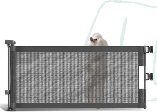 15.7" H Mesh Short Dog Gate, Extends Up to 59" W Retractable Pet Gate with Drill Installation, Small Dog Gate for Stairs, Easy Step Over Low Puppy Gate for Doorways Indoor Outdoor, White