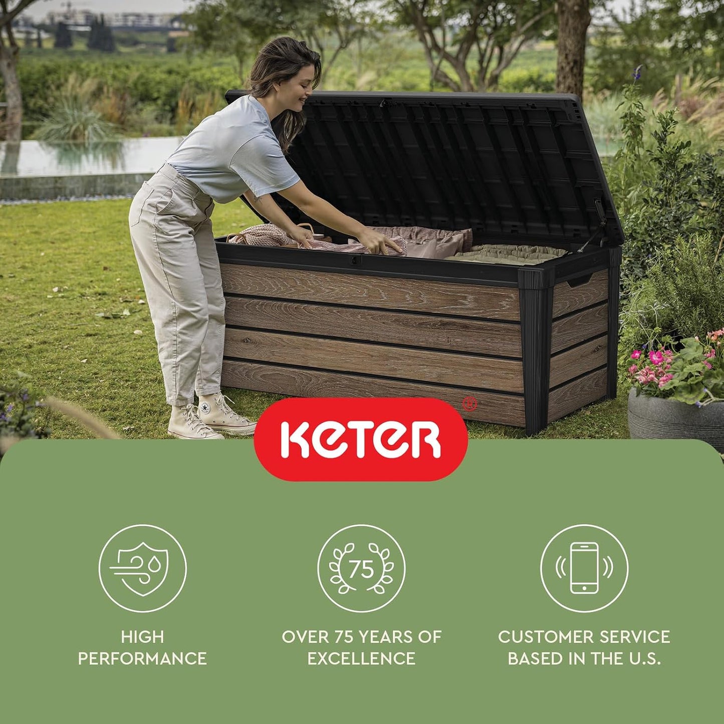 Keter Signature Everwood 30 Gallon Resin Outdoor Storage Box and Patio Furniture Side Table for Pool and Garden Accessories, Walnut