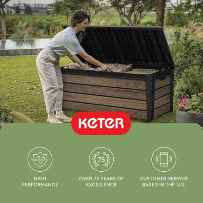 Keter Signature Everwood 30 Gallon Resin Outdoor Storage Box and Patio Furniture Side Table for Pool and Garden Accessories, Walnut