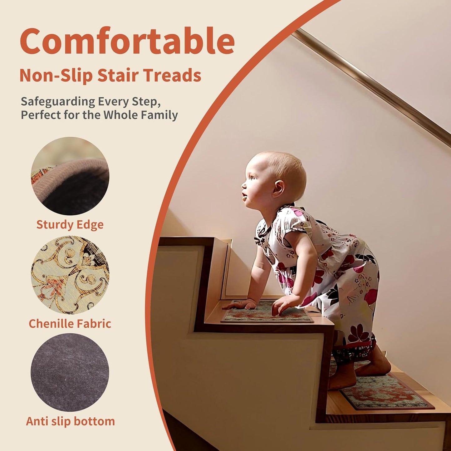 Non-Slip Carpet Stair Treads 15PCS, 8"x30" Peel and Stick Stair Runner for Wooden Steps Indoor, Washable Reusable Adhesive Backing, Pet-Friendly Safety Mats for Kids, Elders, Dogs