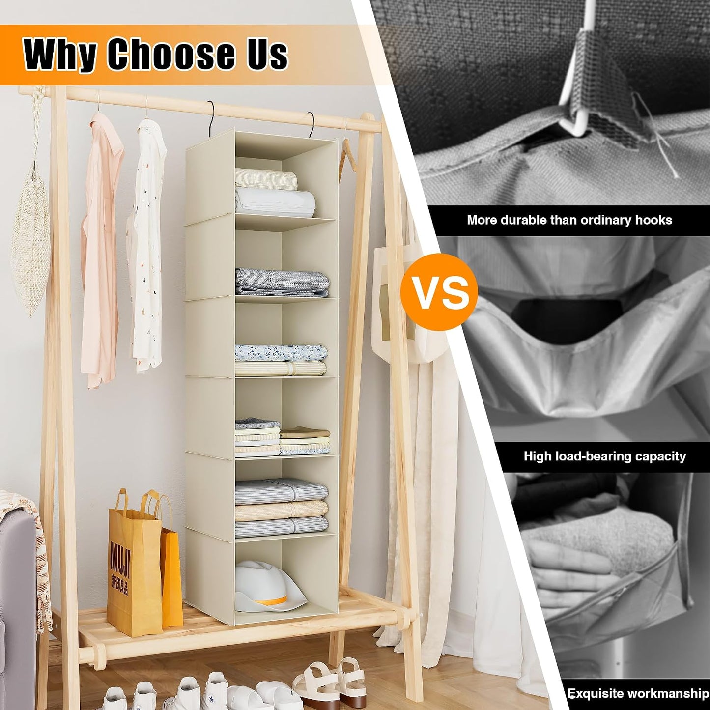 Hanging Closet Organizer 3-Shelf, Oxford Fabric Wardrobe Storage, Gray | Easy-mount foldable design holds clothes, handbags, shoes & accessories; washable Oxford fabric, sturdy and space-saving.