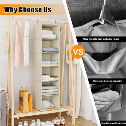 Hanging Closet Organizer 3-Shelf, Oxford Fabric Wardrobe Storage, Gray | Easy-mount foldable design holds clothes, handbags, shoes & accessories; washable Oxford fabric, sturdy and space-saving.