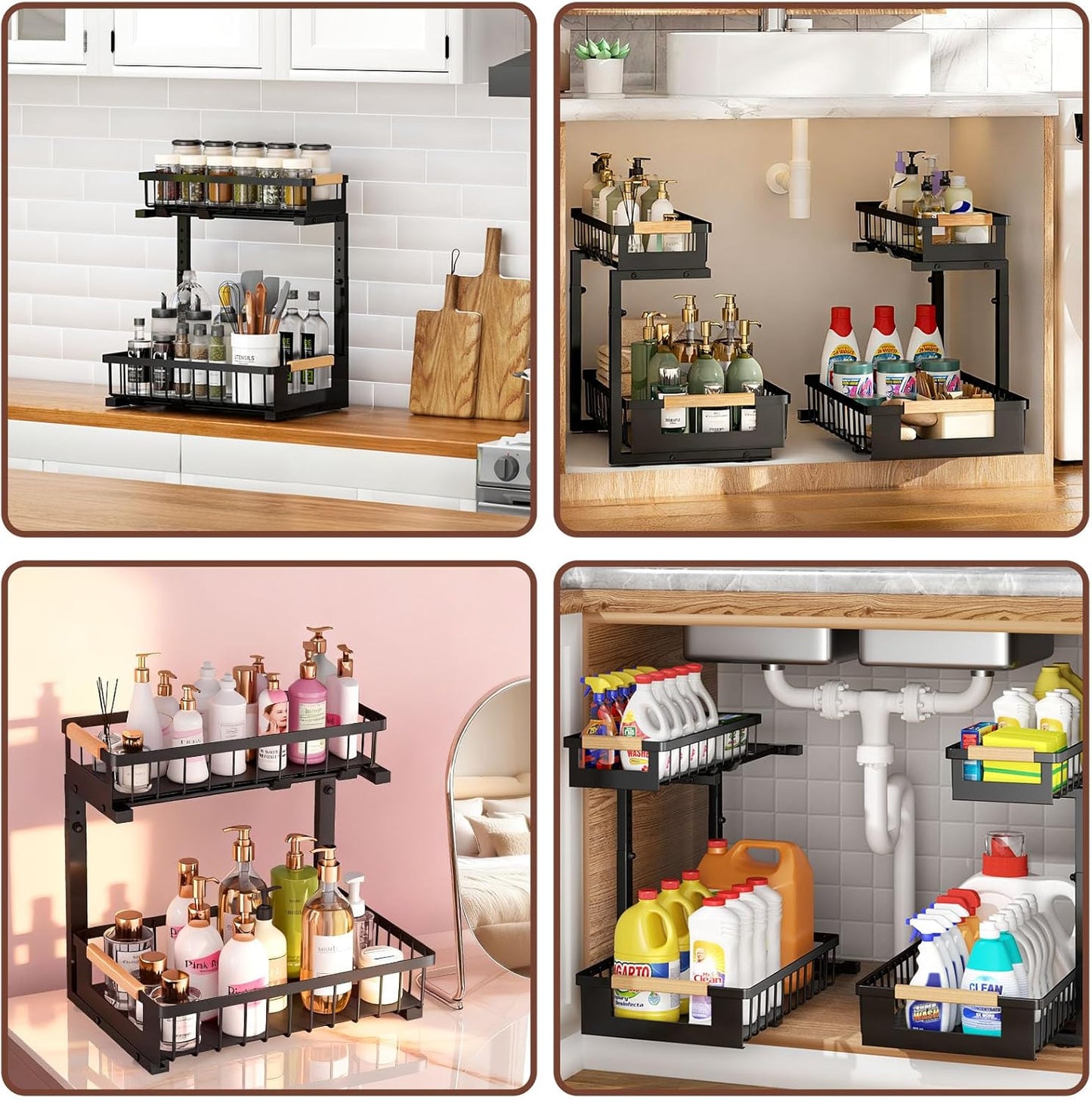 2 Pack Under Sink Organizer, 2 Tier Pull Out Cabinet Organizer with 5-Level Adjustable Height, Sliding Metal Storage Rack for Kitchen Bathroom Pantry, White