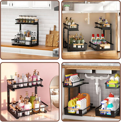 2 Pack Under Sink Organizer, 2 Tier Pull Out Cabinet Organizer with 5-Level Adjustable Height, Sliding Metal Storage Rack for Kitchen Bathroom Pantry, White
