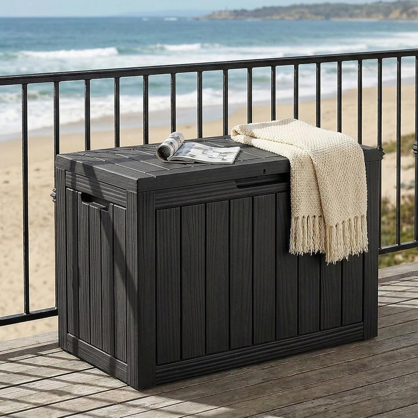 ROJIK 55Gal Outdoor Storage Box Waterproof Deck Box | Heavy-duty UV-resistant resin, space-saving for balcony/patio, stores cushions/tools/pool gear, lockable lid as table/bench