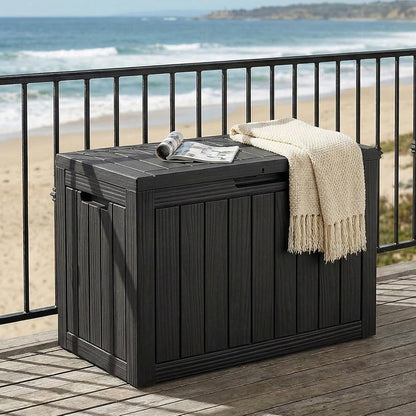 ROJIK 55Gal Outdoor Storage Box Waterproof Deck Box | Heavy-duty UV-resistant resin, space-saving for balcony/patio, stores cushions/tools/pool gear, lockable lid as table/bench