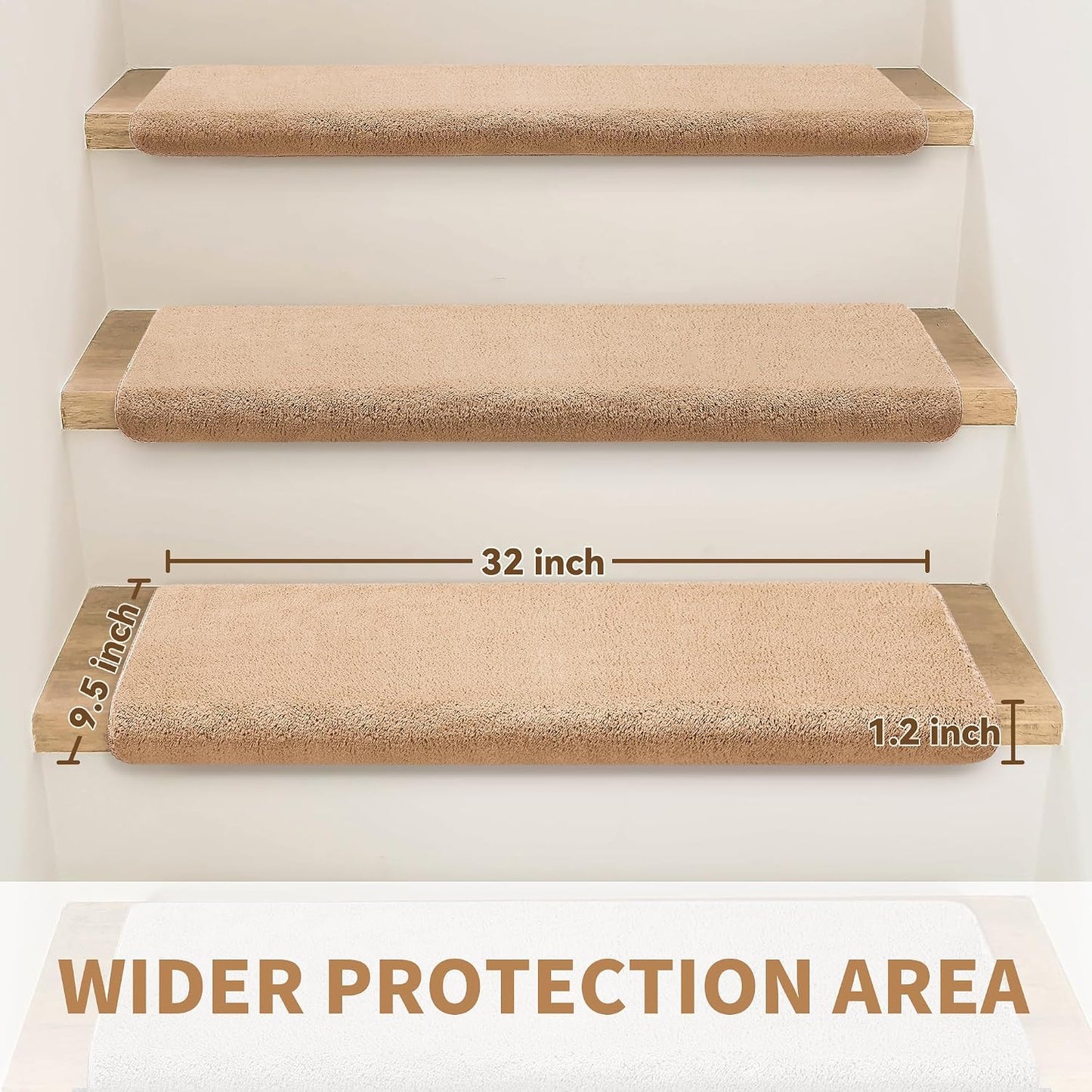 Bullnose Stair Treads Non Slip 9.5" x 32", 14 Pcs Ultra Plush Carpet Stair Treads for Wooden Steps Indoor with Edge Protection, Reusable Peel and Stick TPU Backing Stair Runner Rugs - Beige Gray