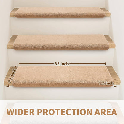 Bullnose Stair Treads Non Slip 9.5" x 32", 14 Pcs Ultra Plush Carpet Stair Treads for Wooden Steps Indoor with Edge Protection, Reusable Peel and Stick TPU Backing Stair Runner Rugs - Beige Gray